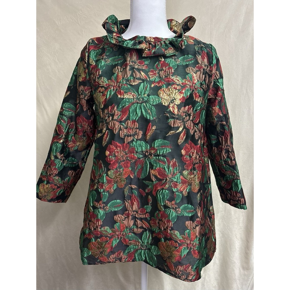 Shop the Mint Floral Brocade Blouse S Green Red Gold Metallic Bow Back Top